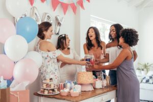Elegant bridal shower cake with flowers and pastel decorations in Irvine