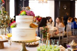 Elegant bridal shower cake with flowers and pastel decorations in Irvine