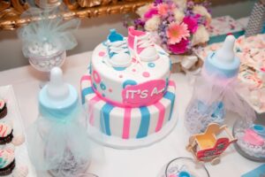 Elegant bridal shower cake with flowers and pastel decorations in Irvine