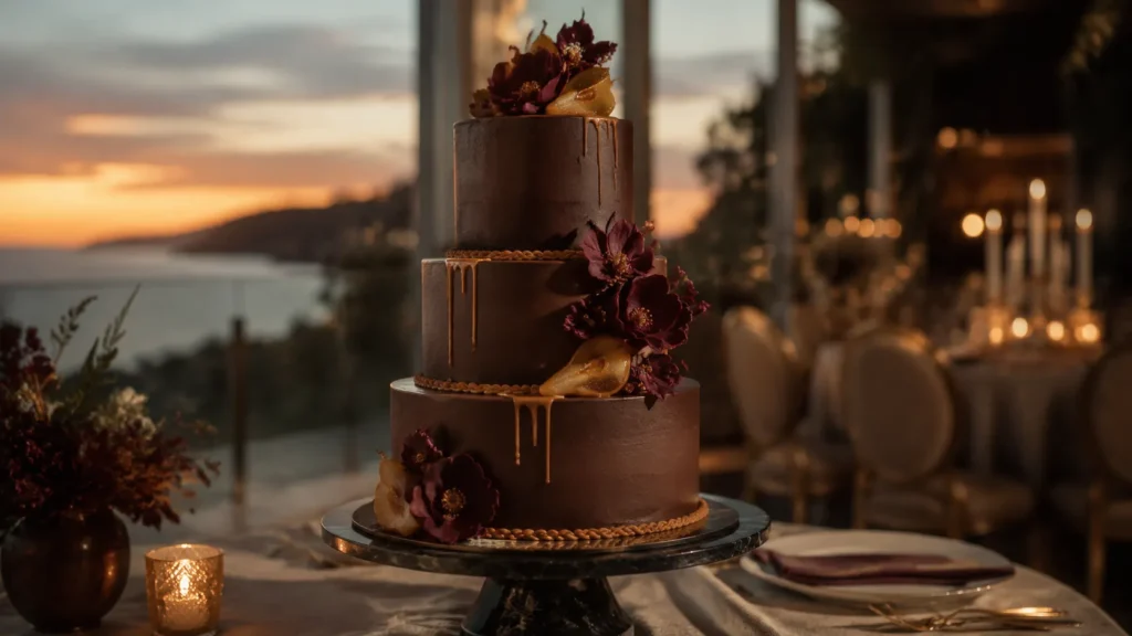 Chocolate and salted caramel wedding cake for an Orange County fall wedding