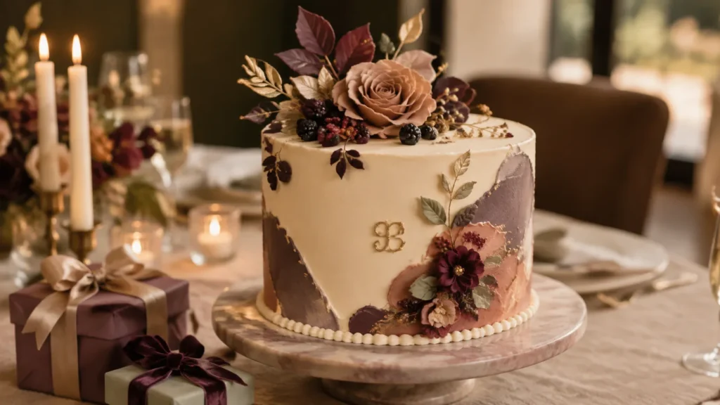 Elegant fall wedding cake display with fruit flowers and candles