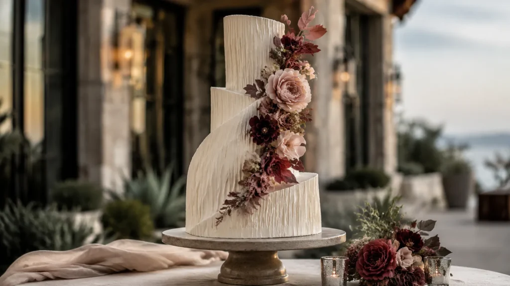 Sculptural Fall 2026 wedding cake with floral details