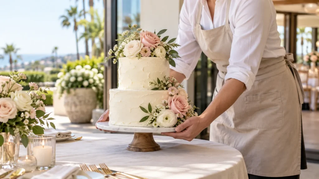 Cake artist carefully setting up a custom birthday cake at an Orange County venue