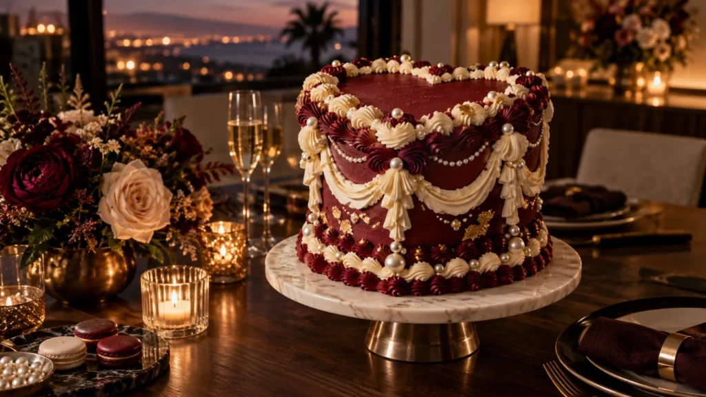 Burgundy heart-shaped vintage birthday cake for an elegant adult celebration